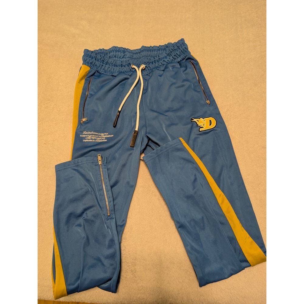 boohooMAN x DaBaby Track Pants Mens medium Blue Yellow Side Stripe Joggers